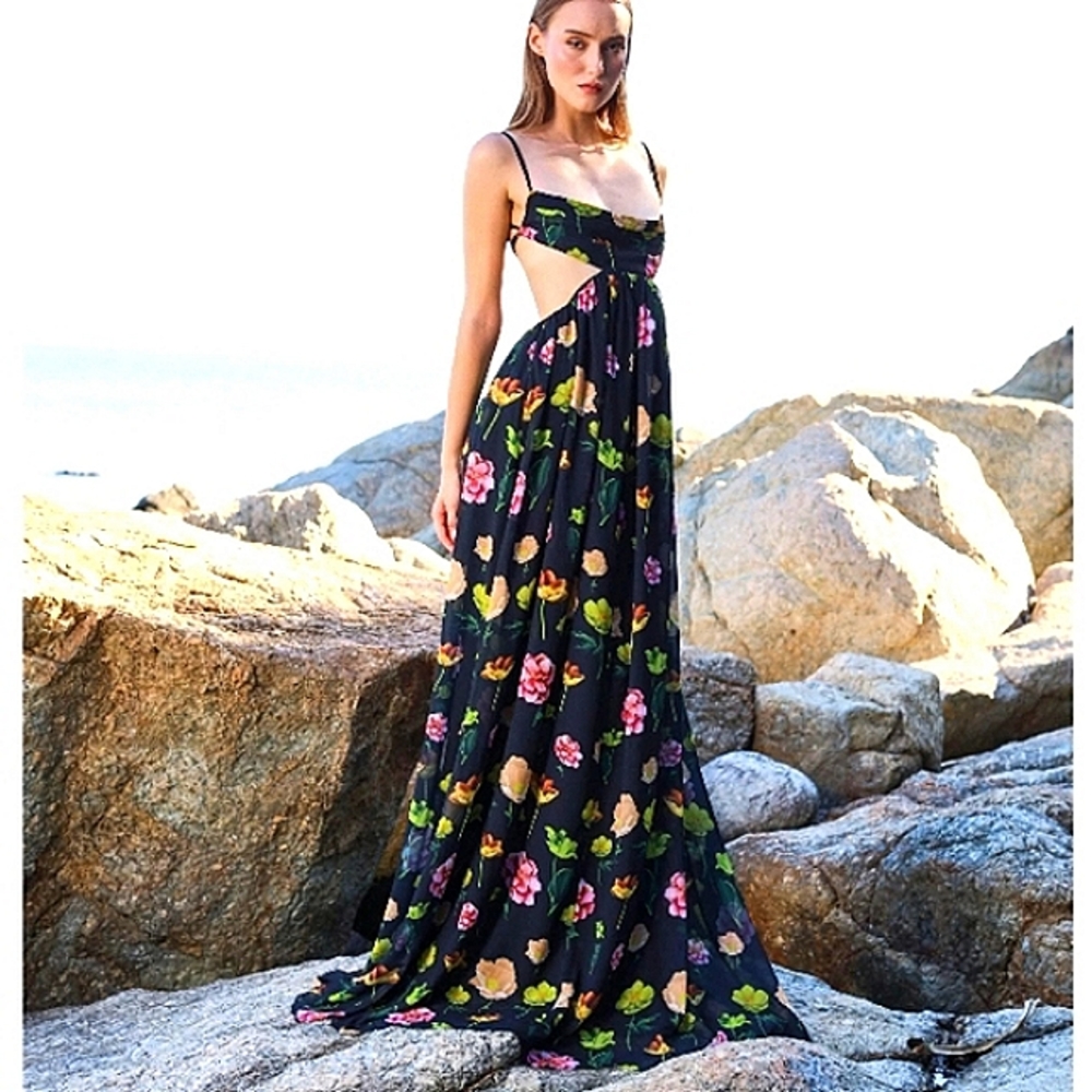 NWT Free People SAU LEE Giselle cutout chiffon floral black gown maxi dress 10 M